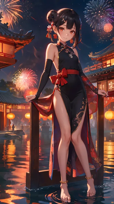 best quality,official art,extremely detailed CG unity 8k wallpaper, (wide shot),1girl, (Miyu Edelfelt),loli,black hair,brown eyes,seductive smile,nsfw, barefoot, see-through dress, butterfly, butterfly hair ornament, backless dress, chinese clothes,sleevel...