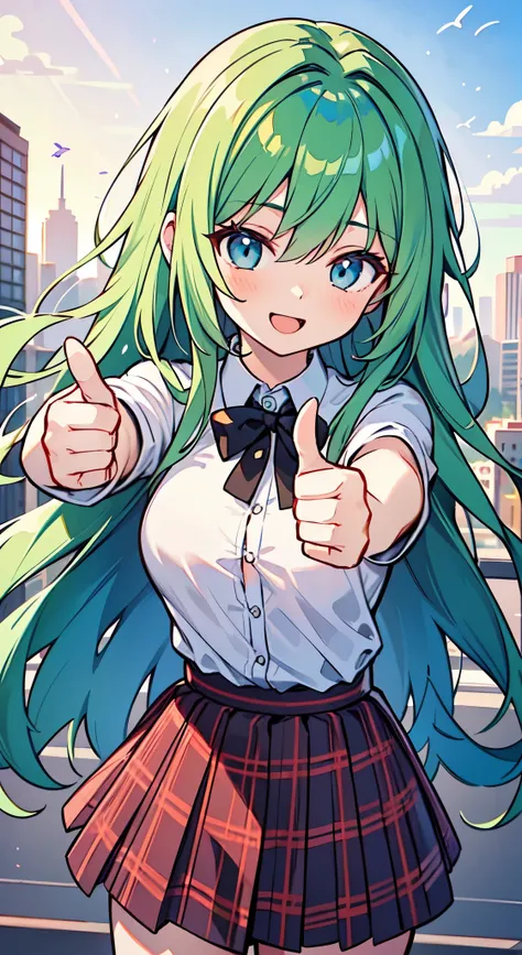 ((A Pretty High School girl with green hair and blue eyes)), ((Wearing white shirt and plaid skirt)), Baby face, ((master piece, top-quality, ultra-definition, high resolution)), anime girl, ((ultra-detailed illust:1.2)), only one person, bangs, hair betwe...