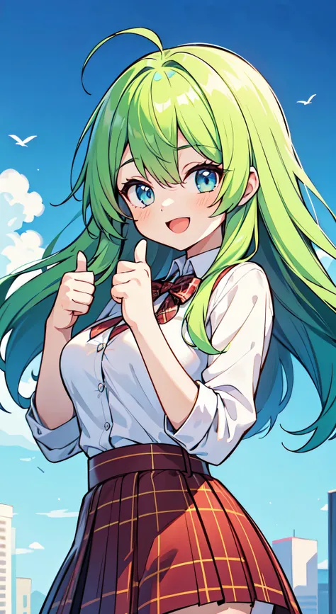 ((A Pretty High School girl with green hair and blue eyes)), ((Wearing white shirt and plaid skirt)), Baby face, ((master piece, top-quality, ultra-definition, high resolution)), anime girl, ((ultra-detailed illust:1.2)), only one person, bangs, hair betwe...