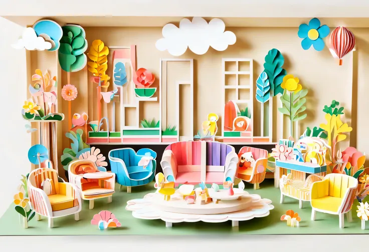 3d paper cut style，，cartoon，lovely，living room paper cutting art，俏皮lovely的房间装饰，paper art furniture，sofa made from folded paper a...