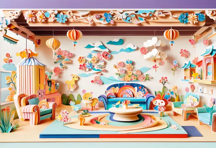 3d paper cut style，，cartoon，Lovely，Living room paper cutting art，俏皮Lovely的房间装饰，paper art furniture，Sofa made from folded paper and decoupage，chairs and tables，bright colors，Whimsical patterns，Walls decorated with animals，flowers、风景等纸艺cartoon