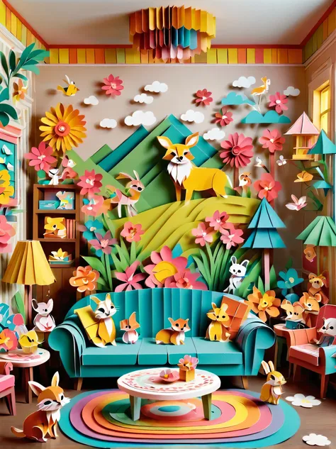 3d paper cut style, classic, cartoon, Lovely, Living room paper cutting art, playful and Lovely room decoration, paper art furniture, sofa, Chairs and tables made from folded and decoupage paper, bright colors, Whimsical patterns, The walls are decorated w...