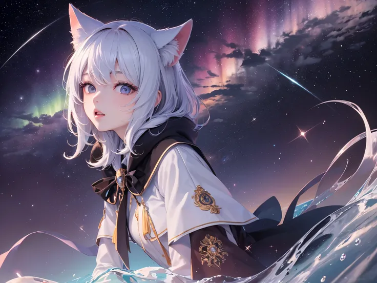 ((highest quality)),(ultra high resolution),(Super detailed),(detailed description),((best CG)),(best work of art),super precision art,amazing drawing art,(Art with precise details:1.5), Starry sky with fluttering aurora、Make a wish on a shooting star that...