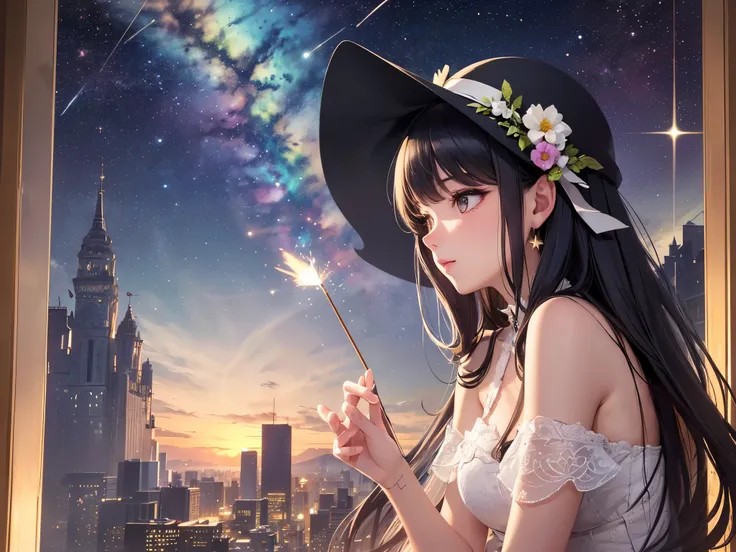 ((highest quality)),(ultra high resolution),(Super detailed),(detailed description),((best CG)),(best work of art),super precision art,amazing drawing art,(Art with precise details:1.5), Starry sky with fluttering aurora、Make a wish on a shooting star that...