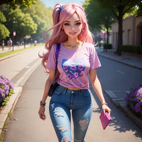 Illustration of a Barbie-style girl, in rippedstyle designer jeans  and a pink t shirt with purple and blue flowers walking twords her viewer in the park,with a slight bit of a smile on her face alto detalhes, Ultra resolution, realista, 32k.  