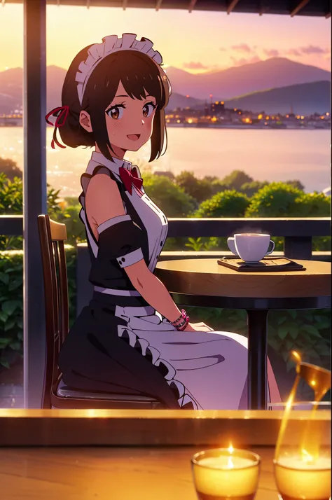 shinkai makoto, kimi no na wa., 1girl, 1boy, bangs, black hair, blush, brown eyes, (boy wear Suspender Clothes), ((girl wear maid dress, maid, apron, maid headdress, short dress, Off-the-shoulders)), bow, ribbon, short hair, smile, open mouth, looking at t...