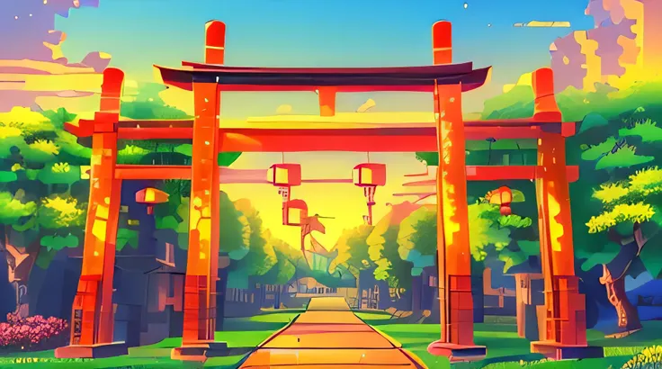 Red torii，green woods，clear sky and white clouds，Red Lantern，strong lines，bluestone reflective floor，