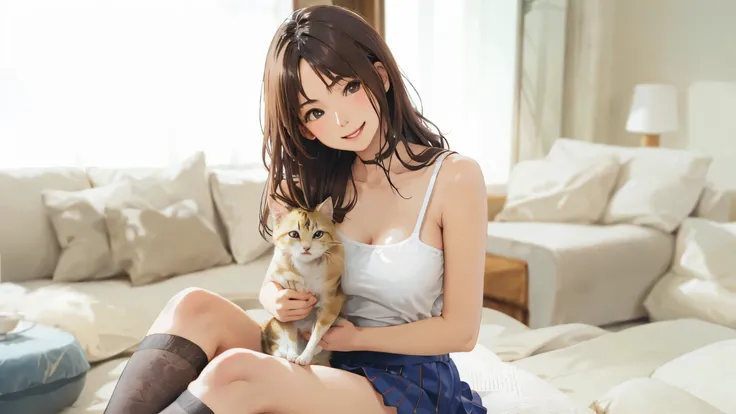 (high quality、8K、ultra hd、Beautiful 16 year old Japanese woman with a kitten on her lap)、Tank top、mini skirt、A happy smile、whole body、random pose、A cute pop room with kittens、digital painting、concept art、3D lighting、2D rendering、art germ、ArtStat Trends、pop...