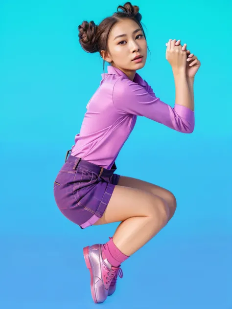 A asian girl with two bun hairstyle, wearing a pink shirt and suspenders, looks scared. Satin skin with natural texture, ultra realistic hyper realistic body skin texture ultra realistic a girl with long brown bun hairstyle, wearing a bright shirt, stretch...