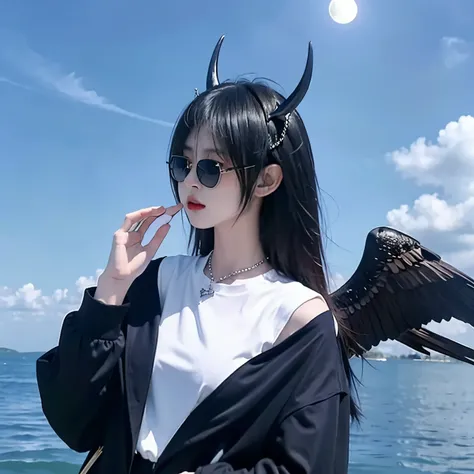 sunglasses,satanic necklace,choker, black suit, suit with tie, black veil, satanic earing,standing in the lake with moon in the ...