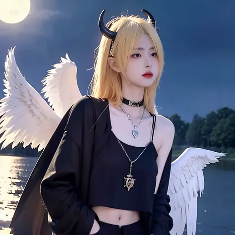 Sunglasses,satanic necklace,choker, black suit, suit with tie, black veil, satanic earing,standing in the lake with moon in the sky, angel, wings, White wings, holy girl, horns, lucifer, sunglasses, blonde hair