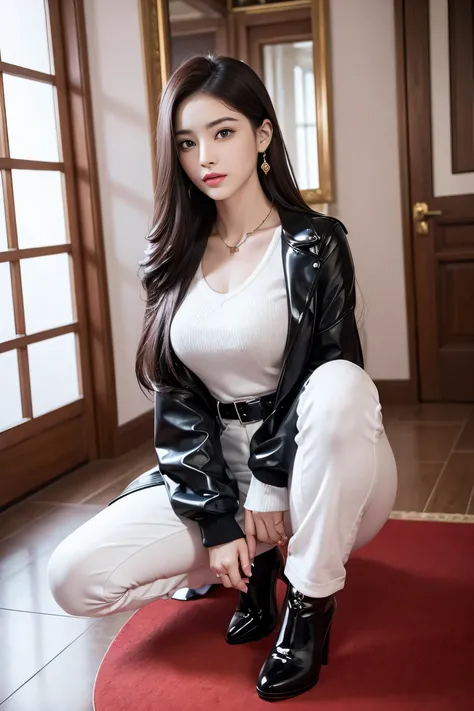 a very sexy and beautiful asian girl,A very mature and beautiful girl,sexy mature lady,Royal sister temperament,Supermodel temperament,asian aristocrat气质,alone,in the palace,European antique style bedroom decoration,patent leather trousers,White V-neck swe...