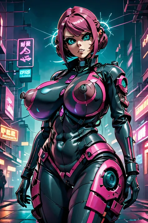 Musume mecha girl maid costume in black and red, Bob style hair, pink hair, mecha arms and mecha legs, tight bottom suit, her vagina is marked, the upper part has large breasts, her nipples are visible, her eyes are green, seductive look,