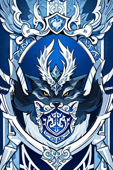 a wolf surrounded by swords, a silver and blue shield with a stylized design on it, shield design, fantasy shield, blue and silver armor, shield emblem, royal coat of arms