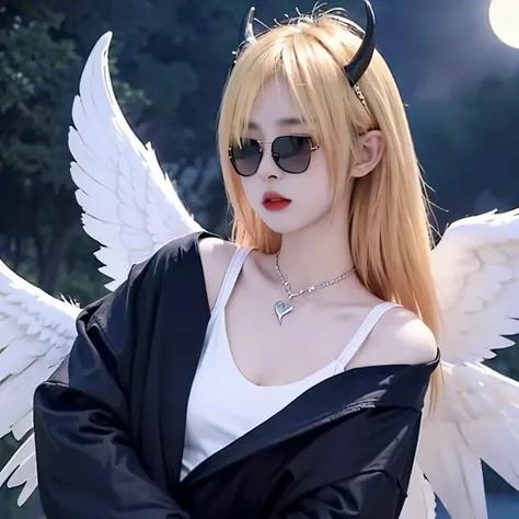 Sunglasses,satanic necklace,choker, black suit, suit with tie, black veil, satanic earing,standing in the lake with moon in the sky, angel, wings, White wings, holy girl, horns, lucifer, sunglasses, blonde hair