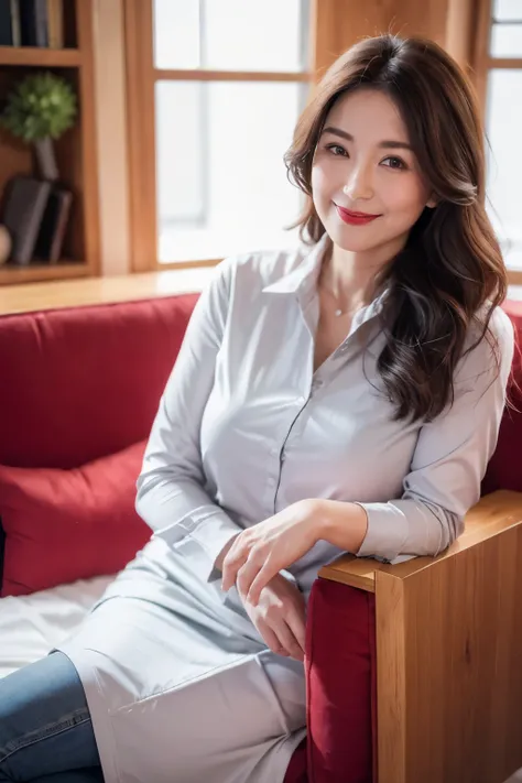 ((top quality、8k、masterpiece:1.3))、sharp focus, High level of image quality, high resolution，,gray shirt，red bow tie，jeans，wavy long hair，indoor background，37-year-old female，Mature，charming smile，Draw lips correctly, red lipstick，stand，Slightly fat，medium...