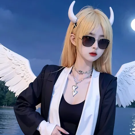 Sunglasses,satanic necklace,choker, black suit, suit with tie, black veil, satanic earing,standing in the lake with moon in the sky, angel, wings, White wings, holy girl, horns, lucifer, sunglasses, blonde hair