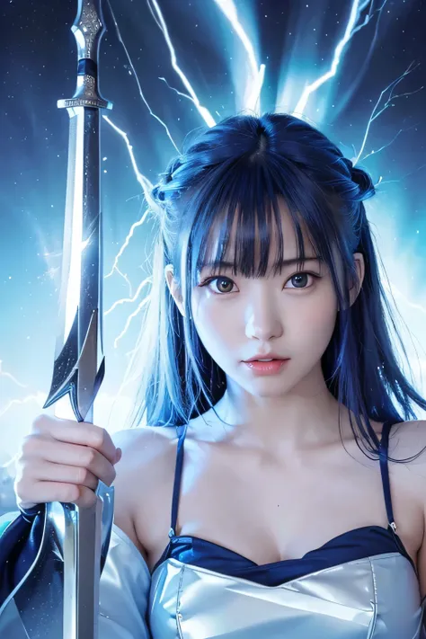 ((highest quality、best image quality、ultra high resolution))、(Photoreal), (realistic), (ultra high resolution), table top, highest quality, RAW photo, 超realistic, girl&#39;face, the air looks clear, blend with the aurora.(((He has a legendary sword that em...