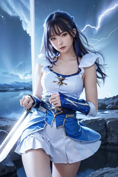 ((highest quality、best image quality、ultra high resolution))、(Photoreal), (realistic), (ultra high resolution), table top, highest quality, RAW photo, 超realistic, girl&#39;face, the air looks clear, blend with the aurora.(((He has a legendary sword that em...