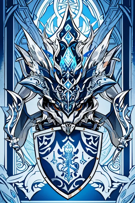 a wolf surrounded by swords, a silver and blue shield with a stylized design on it, shield design, fantasy shield, blue and silver armor, shield emblem, royal coat of arms, sword, weapon