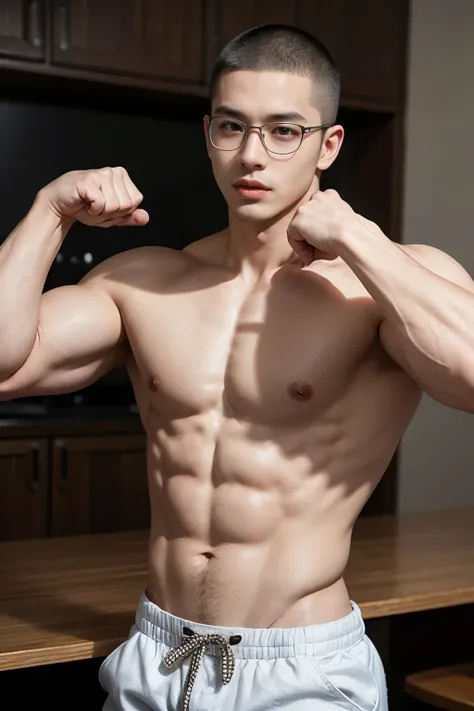 student，exposed，half naked，muscle，glasses ď，Buzz cut，master level，Super detailed faces，超详细muscle