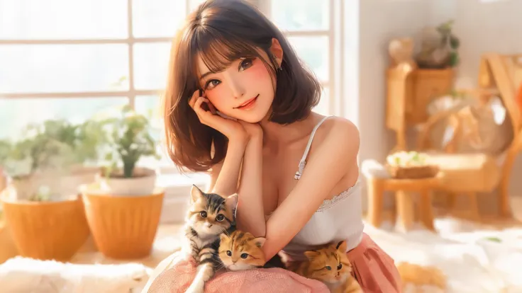 (high quality、8k、ultra hd、beautiful 16 year old japanese woman with a kitten on her lap)、tank top、mini skirt、a happy smile、whole...