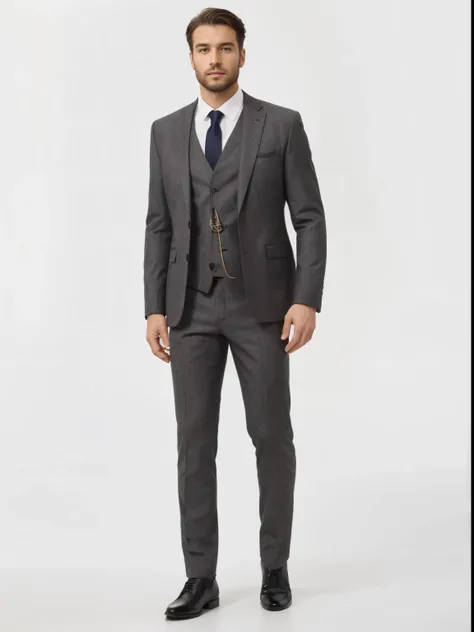 arrière plan magasin de costume 3 pièces sur-mesure, Homme franco-suisse avec une barbe portant ce costume 3 pièces gris 