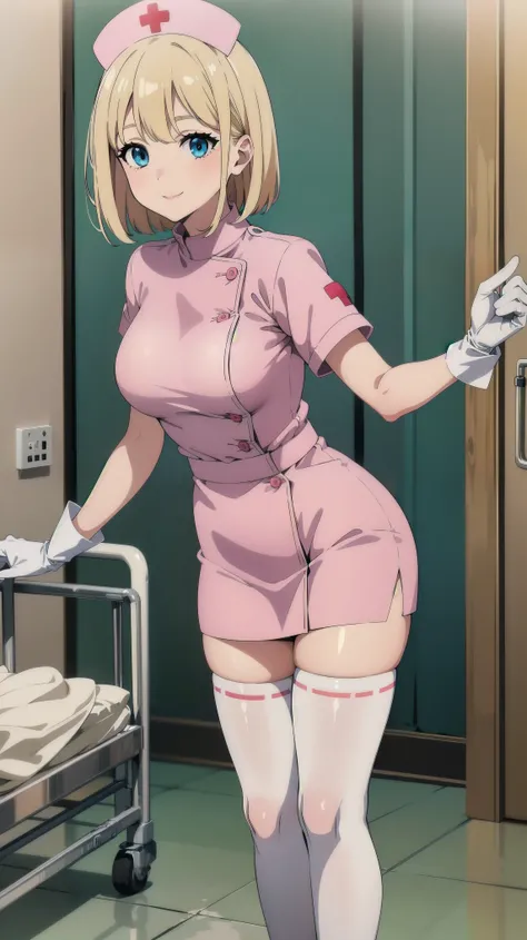 1woman, solo, nurse, nurse cap, white wear, ((white legwear, zettai ryouiki)), white gloves, blonde hair, blue eyes, pink lips, smile, standing, ((hospital room)), sharp outline, short sleeves, mature female, 35 years old, best quality, masterpiece