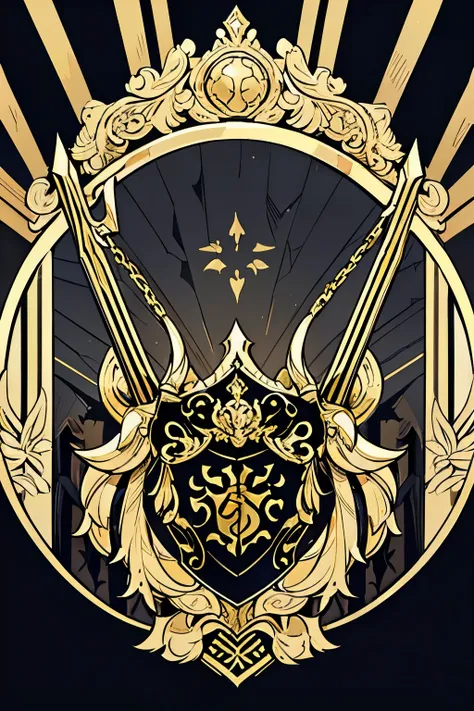 
spider crawls between swords, a gold and black shield with a stylized design on it, shield design, fantasy shield, black and gold armor, shield emblem, royal coat of arms, sword, weapon