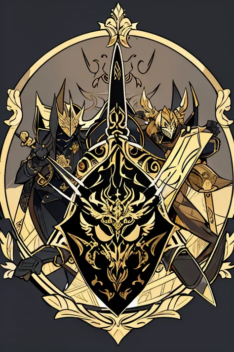 spider crawls between swords, a gold and black shield with a stylized design on it, shield design, fantasy shield, black and gold armor, shield emblem, royal coat of arms, sword, weapon, spider