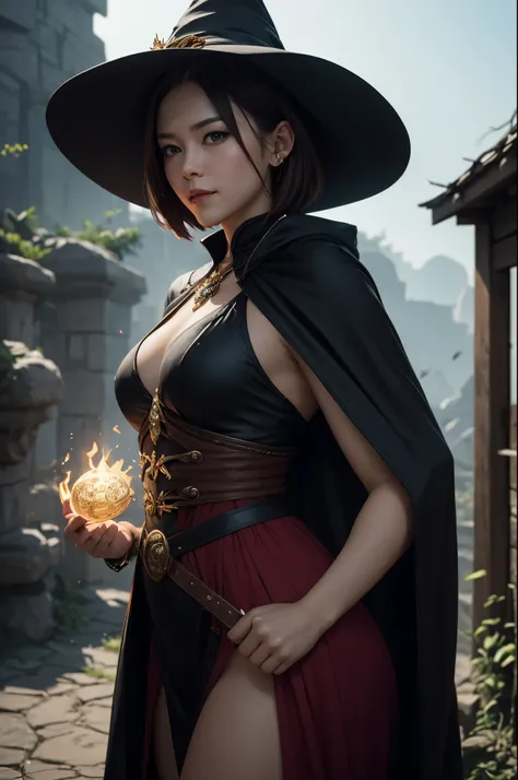 8k,A witch wearing a hat and cloak smiles and takes a photo, brown hair short bob hair,red and black costume,fantasy artスタイル, 素晴らしいcharacter art, fantasy concept art portrait, fantasy art, Portrait of a female magician, 壮大なfantasy artスタイル, 壮大なfantasy artポー...