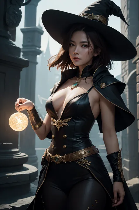 8k,A witch wearing a hat and cloak smiles and takes a photo, brown hair short bob hair,red and black costume,fantasy artスタイル, 素晴らしいcharacter art, fantasy concept art portrait, fantasy art, Portrait of a female magician, 壮大なfantasy artスタイル, 壮大なfantasy artポー...