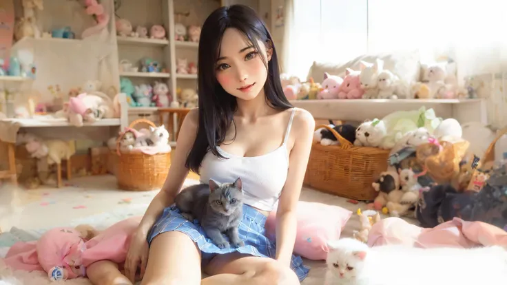 (high quality、8K、ultra hd、Beautiful 16 year old Japanese woman with a kitten on her lap)、Tank top、mini skirt、A happy smile、whole body、random pose、A cute pop room with kittens、digital painting、concept art、3D lighting、2D rendering、art germ、ArtStat Trends、pop...