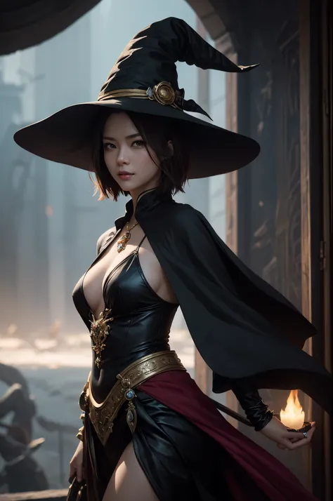 8k,A witch wearing a hat and cloak smiles and takes a photo, brown hair short bob hair,red and black costume,fantasy artスタイル, 素晴らしいcharacter art, fantasy concept art portrait, fantasy art, Portrait of a female magician, 壮大なfantasy artスタイル, 壮大なfantasy artポー...