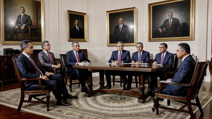 vários homens sentados em cadeiras em uma sala com bandeiras americanas, retrato presidencial, sitting at the mesa resoluta, gru...