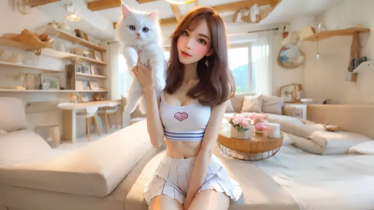 there is a woman sitting on a couch holding a Cat, very beautiful cute Catgirl, attractive Cat girl, smooth white tight clothes suit, white Cat girl, white ( Cat ) girl, ultrarealistic sweet bunny girl, trending on cgstation, nice and cute, cute kawaii gir...