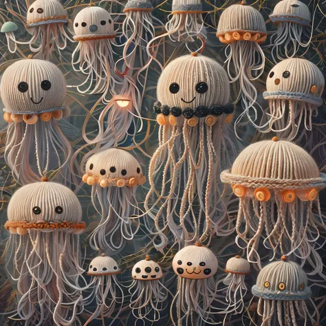 (la best quality,high resolution,super detailed,actual),cute knitted jellyfish，smiley face，at the bottom of the sea，surrounded b...