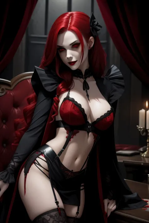 "seductive female vampire with gothic attire, blood red hair, and vampire fangs stained with blood."