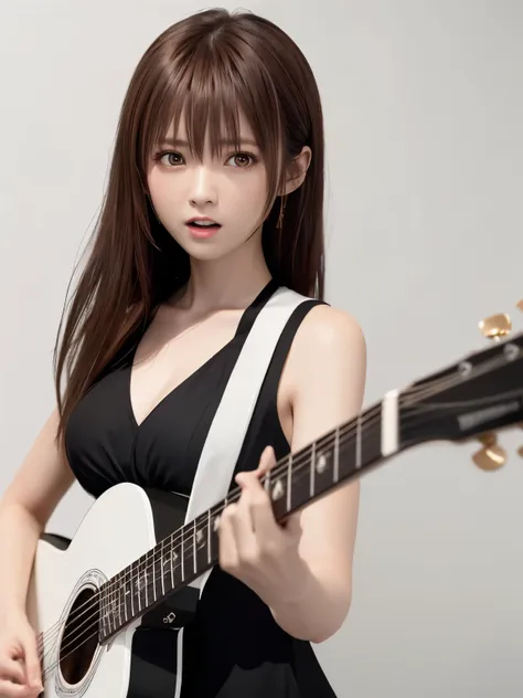 (((best image quality、8k、beautiful woman、pure white wall background)))、guitarist、playing the guitar、long hair woman、black hair、a...