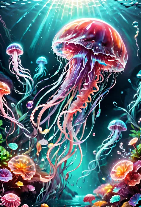 a jellyfish,bright colors,made from jelly,swimming in soda sea,candy-themed life,sparkling scales,translucent body,delicate tent...