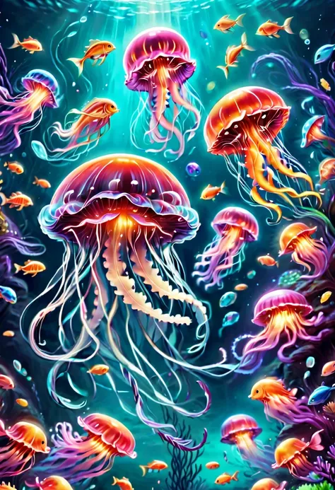 a painting of a jellyfish surrounded by many different fish, hamburger mix jellyfish, tropical marine life, jellyfishes, colorfu...