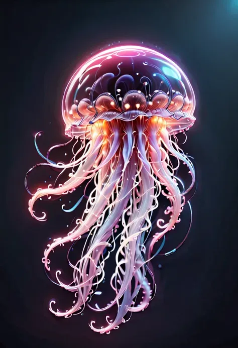 detailed and authentic artwork，depicts a cute and delicate biomechanical style jellyfish. every detail, from complex transparent...