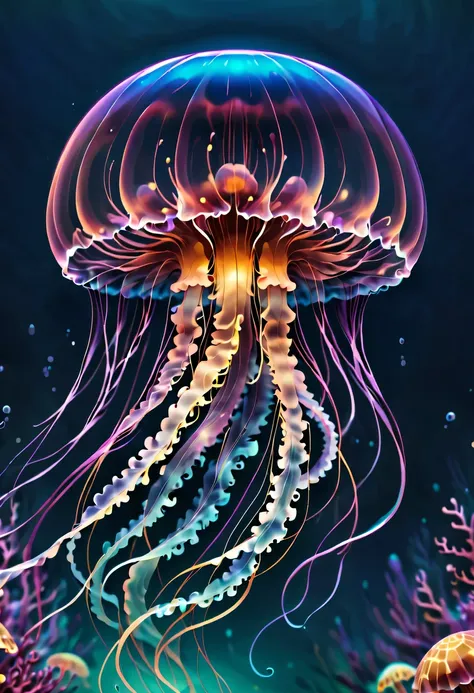 jellyfish，jellyfish，detailed and authentic artwork，描绘了一只可爱精致的生物机械风格的jellyfish. every detail, from complex transparent casings to...