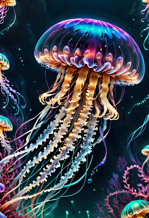 jellyfish，jellyfish，detailed and authentic artwork，描绘了一只可爱精致的生物机械风格的jellyfish. every detail, from complex transparent casings to...