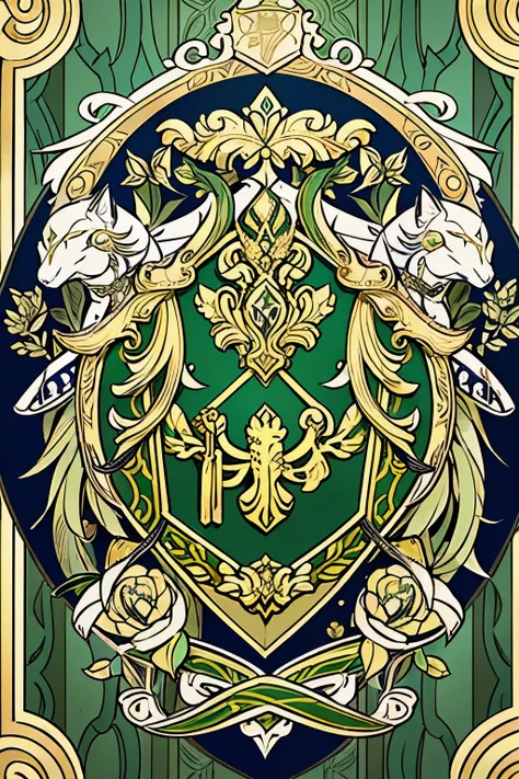 (shield design) two snake coils on a sword in the center of the coat of arms, a gold and green shield with a stylized design on it, shield design, fantasy shield, green and gold armor, shield emblem, royal coat of arms, sword, weapon, snake