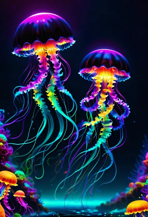 high resolution, high quality, masterpiece .closeup black light art. two jelly blubber jellyfish in the depths of the neon ocean...