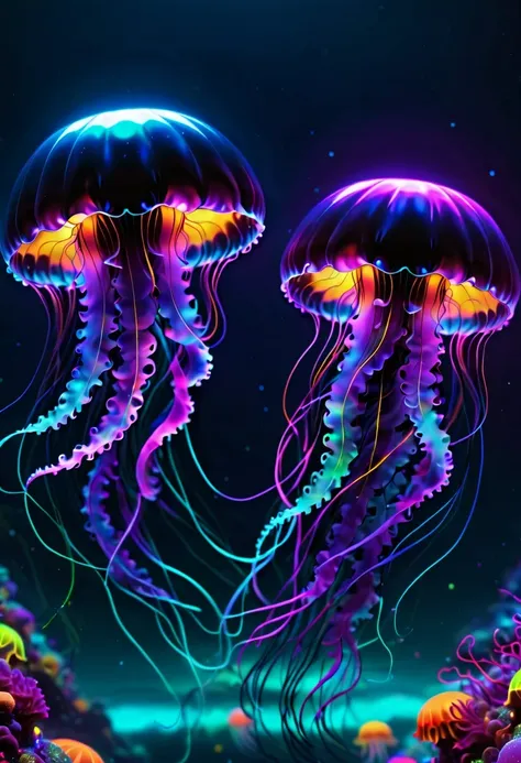 high resolution, high quality, masterpiece .closeup black light art. two jelly blubber jellyfish in the depths of the neon ocean...