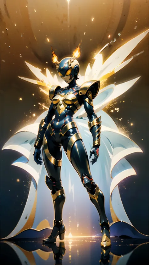 A woman adorned in fantasy-style full-body armor, a crown-concept fully enclosed helmet that unveils only her eyes, a composite layered chest plate, fully encompassing shoulder and hand guards, a lightweight waist armor, form-fitting shin guards, the overa...