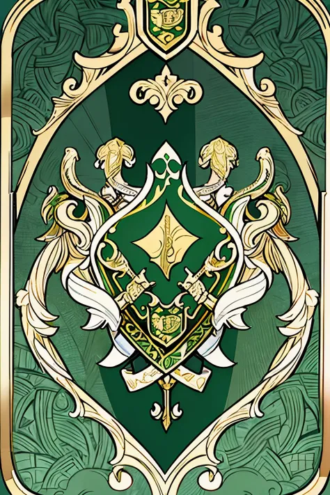 (shield design) two snake coils on a sword in the center of the coat of arms, a gold and green shield with a stylized design on it, shield design, fantasy shield, green and gold armor, shield emblem, royal coat of arms, sword, weapon, snake symbol