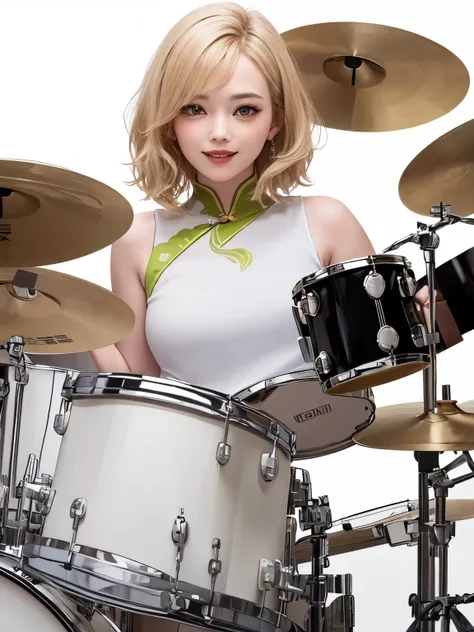 (((Highest image quality、8k、beautiful woman、The background is a pure white wall)))、drummer、Drumming、I&#39;m playing the drums、short hair woman、blonde、smile、wearing a yellow cheongsam、